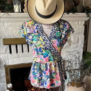 Johnny Was Multicolor Floral Wrap Blouse with Animal Print